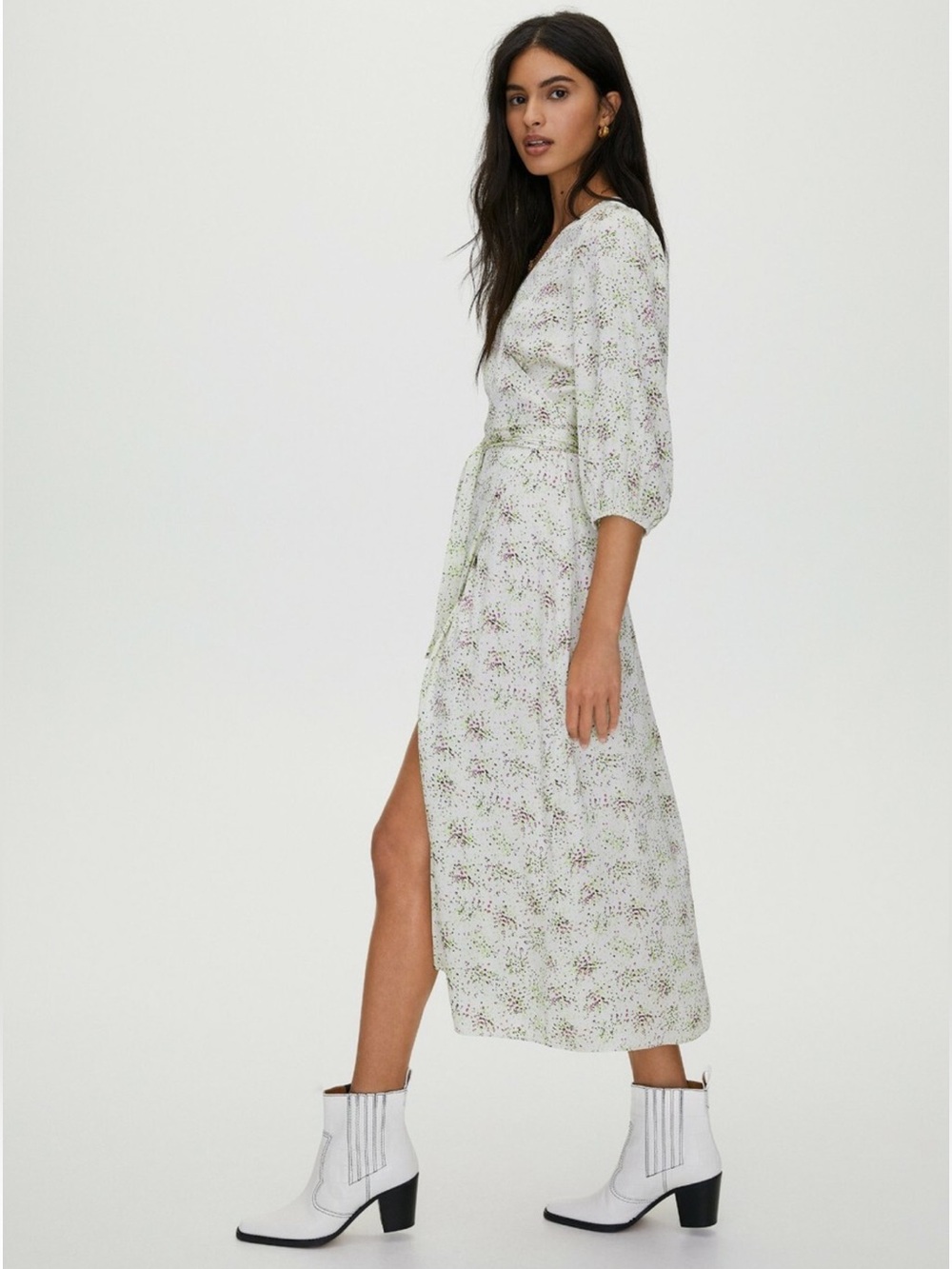 Little Moon White Floral Print Wrap Dress with Lime and Lavender Accents